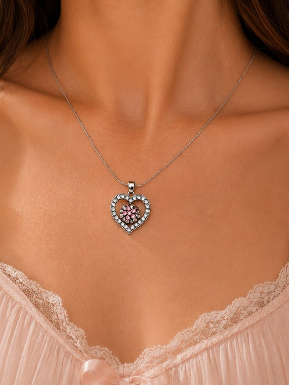 Mini Snap Rhinestone Heart Necklace Sterling Silver Chain 2 Crystal Snaps